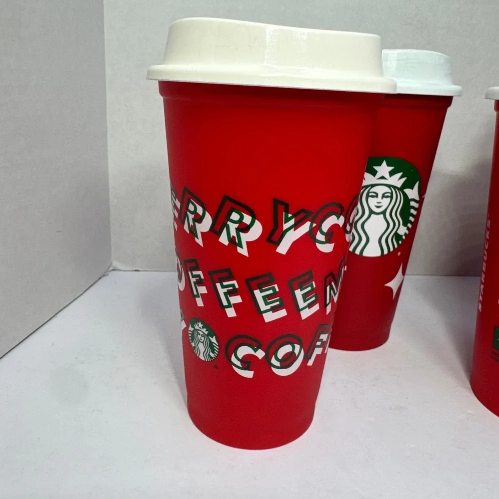 Starbucks Reusable Red Holiday Cups Set of 6 Christmas Festive Designs 16oz Lids